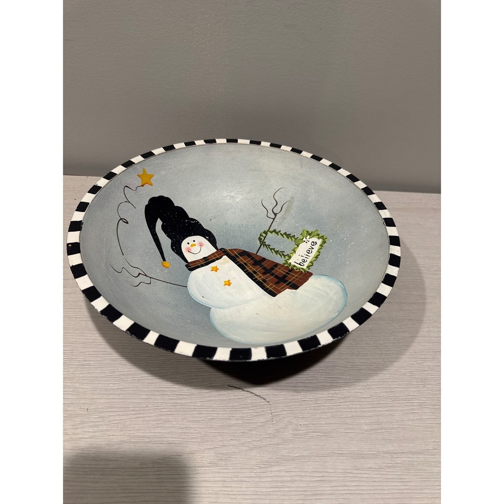 Vintage Hand Painted Snowman Bowl‎ Striped Trim Folk Art Christmas Decor